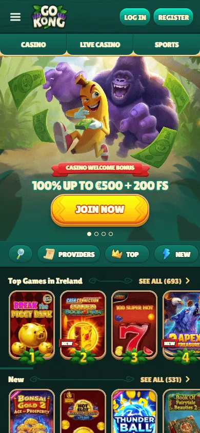 Gokong Casino mobile home screen with casino and sportsbook access
