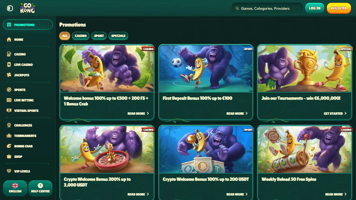 Gokong Casino desktop promotions area with casino, sports and crypto offers