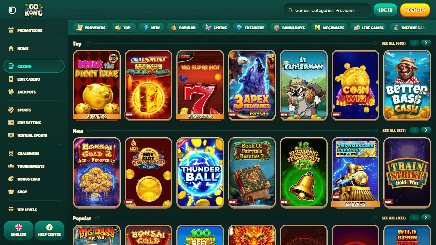 Gokong Casino desktop games area with casino categories