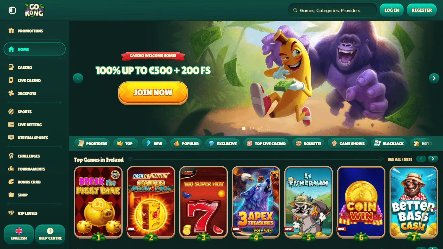 Gokong Casino desktop home screen with casino and sportsbook access