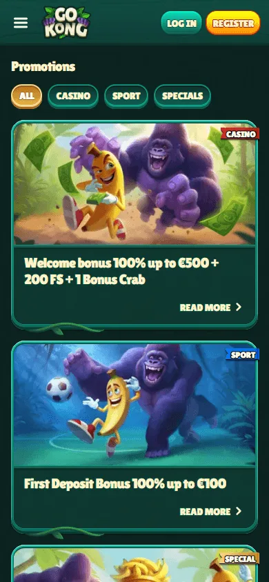 Gokong Casino mobile promotions area with welcome offers
