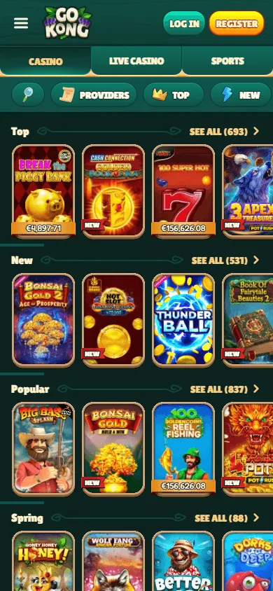 Gokong Casino mobile games area with slots and live casino categories